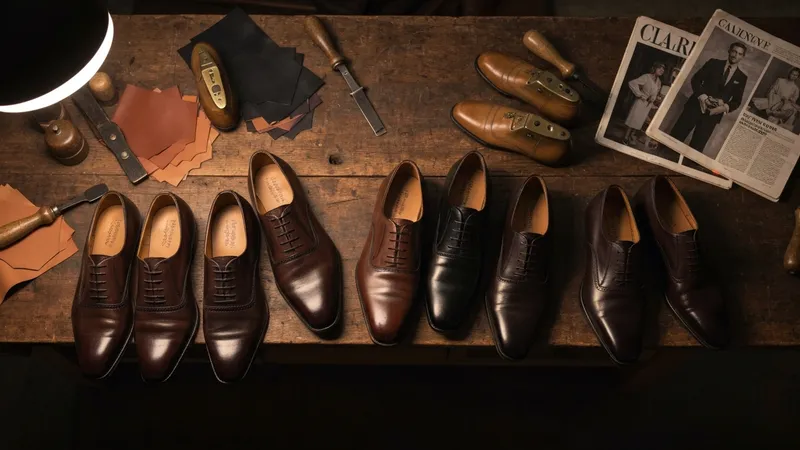 Rangée de chaussures homme en cuir sur une étagère en bois
